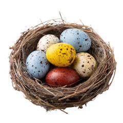 Obraz premium Colorful Easter Eggs Nestled in a Rustic Bird's Nest, Vibrant Decorative Elements for Spring Celebrations