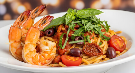 Delicious gourmet shrimp scampi pasta dish with fresh basil, tomatoes, and olives ready to be enjoyed for a memorable dining experience