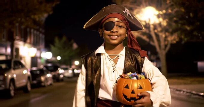 A young boy dressed as a pirate with an eye patch and hat, holding a pumpkin bucket full of candy on Halloween night.
