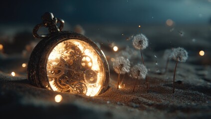 Antique pocket watch, glowing gears, dandelion seeds, desert sand