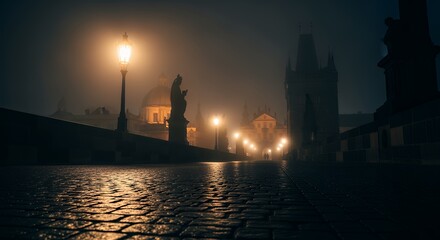 Obraz premium Misty Night Street Scene with Old Street Lamps and Historic Architecture