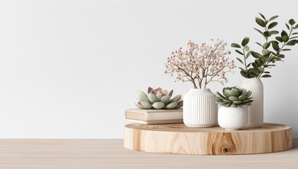 A wooden platform displays various small potted succulents and dried flowers against a light background