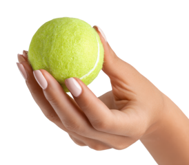A hand holding a tennis ball.  Female hand, light skin tone, pale nails