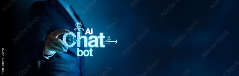 Poster online chatting with ai chatbot for business. artificial intelligence robot innovation technology co