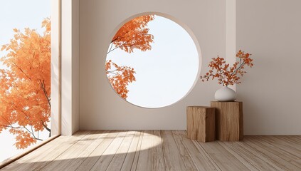 Minimalist room with autumnal view