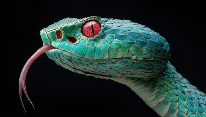 Fototapeta premium Close-up of a vibrant turquoise venomous snake, head and neck, against a dark background. Its scales shimmer, and a bright red eye is prominent. The snake's tongue is extended