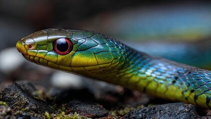 Fototapeta premium Close-up of a vibrant snake, head and neck prominently featured. Its scales exhibit a striking mix of emerald green, vibrant blue, and yellow hues. A bright red eye is visible.