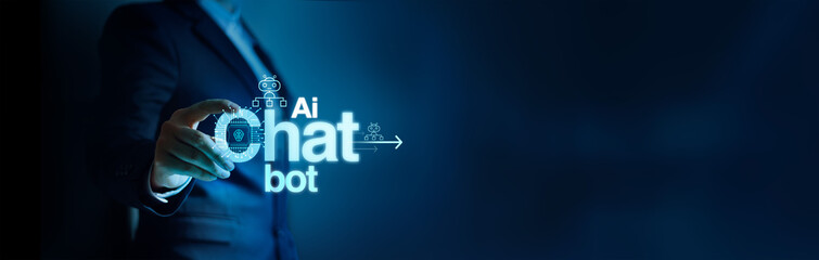 Online chatting with AI chatbot for business. Artificial intelligence robot innovation technology communicate and answer questions with smart conversation and provide creative solution ideas.