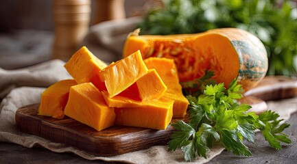 Fresh cubed pumpkin on wooden board