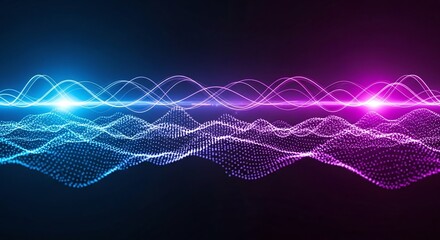 Fototapeta premium Abstract wavy lines of glowing particles in blue and purple on a dark background