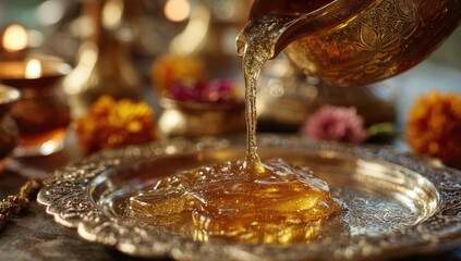 Fototapeta premium Golden liquid pours onto a sculpted, amber-hued substance on an ornate brass tray. Intricate details and warm lighting highlight the ritualistic scene
