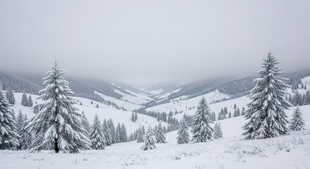 Fototapeta premium Snowy Mountain Valley with Pristine Fir Trees