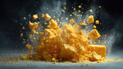 Fototapeta premium Exploding cheddar cheese with crumbs and dust against a dark backdrop