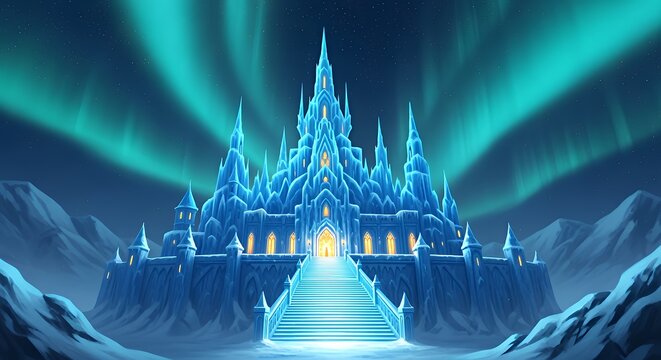 Majestic Ice Castle with Northern Lights Illuminating Snowy Mountain Landscape