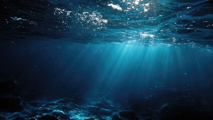 Underwater scene of sunbeams piercing dark blue water