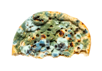 Close-up view of a moldy flatbread, displaying various shades of green and blue mold, with a dark background emphasizing the discoloration.