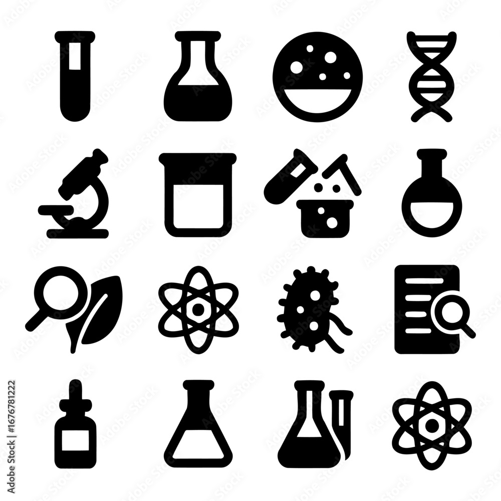 Poster science icon set: an array of meticulously crafted black and white science icons showcasing elements