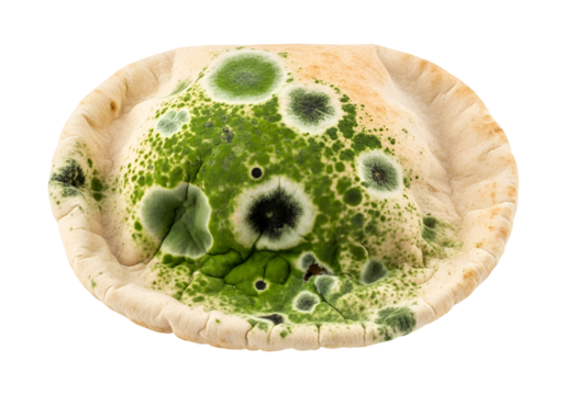 Close-up view of moldy flatbread, showcasing a vibrant green and black pattern across its surface.  The round shape, uneven texture, and dark background create a stark contrast.