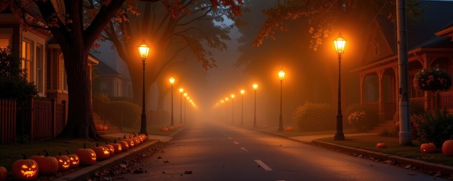 a halloween themed street lined with orange glowing lamps, pumpkins along the curb, and mysterious fog, giving a cinematic and spooky atmosphere to the eerie night path.