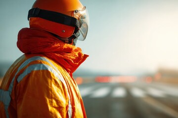 Construction worker overseeing project safety at a busy job site during daylight industrial environment focus on vigilance