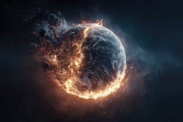 Naklejka premium Earth engulfed in fiery destruction, half consumed by flames