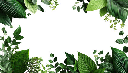 Lush green leaves frame a black background