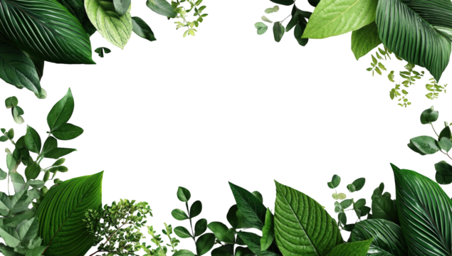 Lush green leaves frame a black background