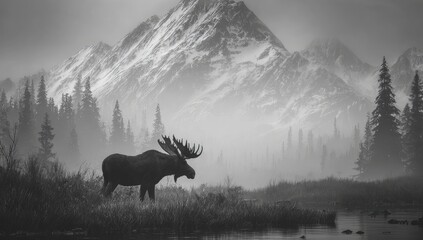 Majestic moose in a snowy mountain landscape. Misty, tranquil scene