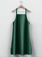 Dark green apron on wooden hanger against white wall