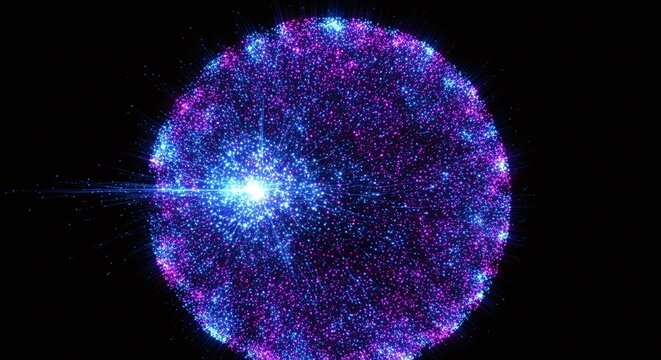Abstract glowing sphere with blue and purple particles on a black background