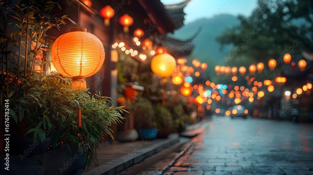 Poster a peaceful and scenic village illuminated by a display of colorful tanabata lanterns with glowing ba