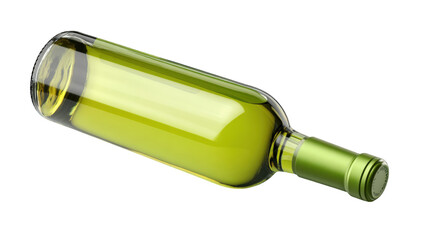 A light green wine bottle, angled, isolated against black