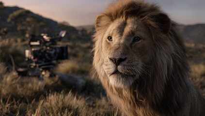 Naklejka premium Lion in savanna, film set