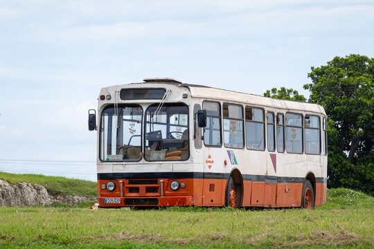 Shortened Pegase 6038 Unicar bus from 1980s in Varadero, Cuba for workers transportation