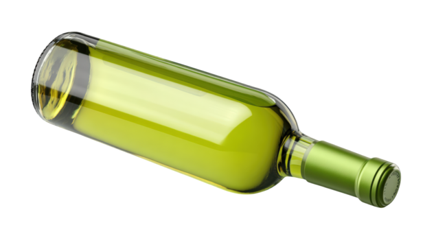 A light green wine bottle, angled, isolated against black