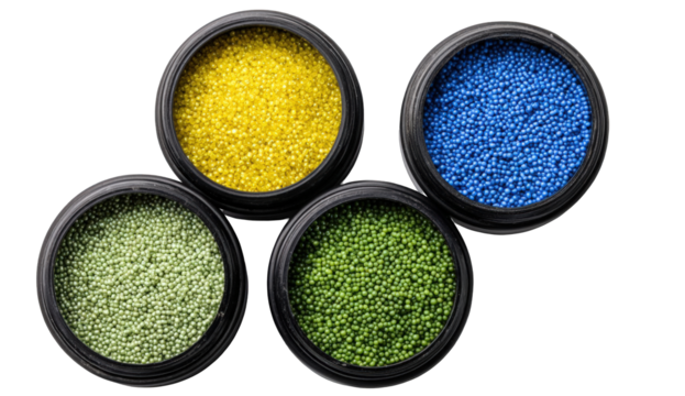 Four round containers, each filled with small colored beads