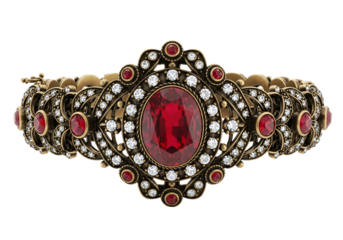 Ornate bracelet adorned with large, oval-shaped ruby gemstones and a detailed filigree design of small diamonds, set in a rich, antique gold finish, showcasing a regal and luxurious style.