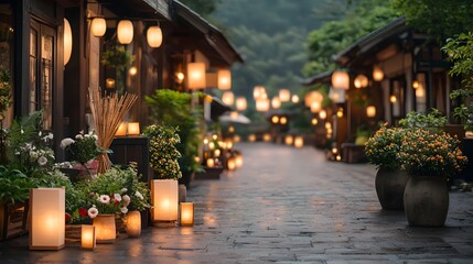 Fototapeta premium A picturesque village square adorned with traditional Japanese paper lanterns creating a warm and serene atmosphere on a quiet night