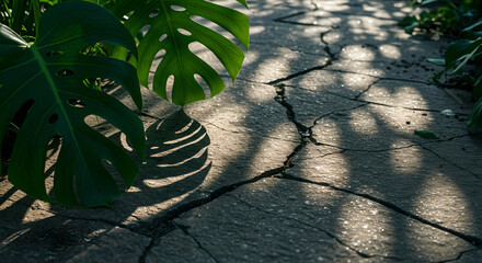 Lush green Monstera leaves cast intricate shadows on a sunlit, cracked concrete path, showcasing nature's resilience and beauty.