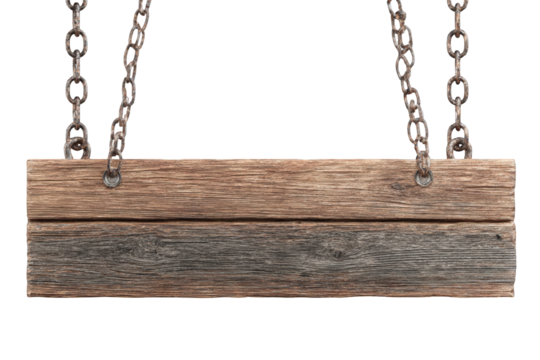 Rustic wooden signboard hanging from chains
