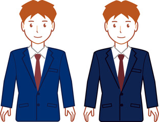 ネイビースーツ、ショートヘアの両手を下ろす若い男性