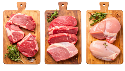 Fresh Butcher’s Meat and Poultry on Cutting Boards, Top View, isolated on a transparent background PNG
