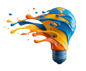 A vibrant lightbulb erupts in a splash of colorful paint