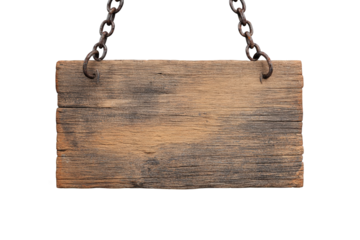 Aged wooden sign hanging by chains