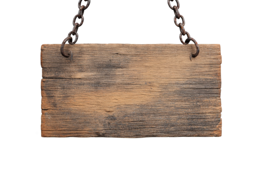 Aged wooden sign hanging by chains