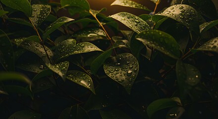 Deep green leaves covered in glistening rain, softly illuminated by a warm glow, symbolizing life.