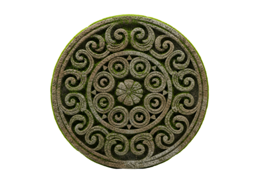A circular, stone-carved design, adorned with intricate spirals and a central floral motif, is covered in moss-like textures.