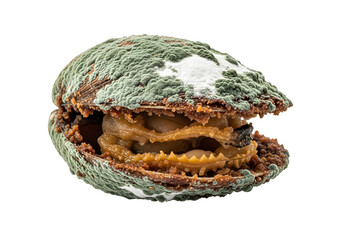 Close-up view of a clam shell, its interior and exterior covered in a layer of mold, creating a striking contrast of colors and textures.