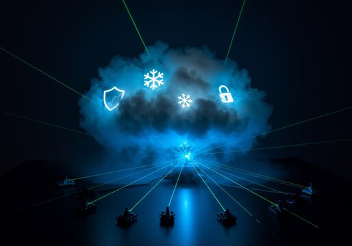 Cloud Security System Illuminated by Laser Beams - Powered by Adobe