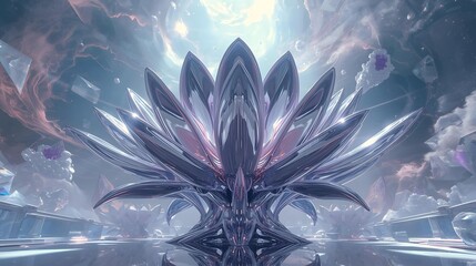 A magnificent, glowing crystal lotus flower sits on a reflective surface in a mystical, cosmic environment.